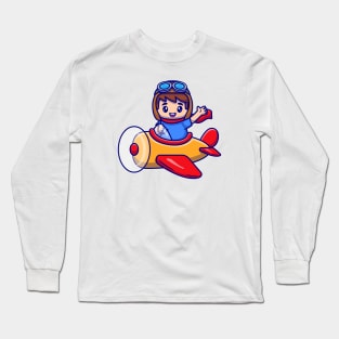 Cute Boy Driving Plane Long Sleeve T-Shirt